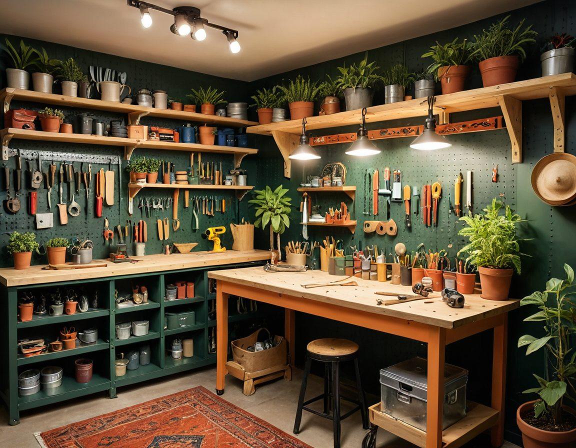 A cozy, well-organized DIY workshop showcasing versatile tools like a power drill, saws, and paint supplies. The space should have storage solutions like pegboards and shelves filled with colorful containers, bright lighting that highlights the work area, and a workbench covered with a partially assembled project. Include plants for a touch of life and inspiration. super-realistic. vibrant colors. warm lighting.