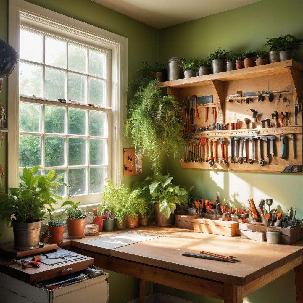 A bright and inviting workspace showcasing an organized tool wall filled with various renovation tools like hammers, wrenches, and drills. Include a sturdy workbench clutter-free with a tape measure, plans, and a small toolbox. Soft natural light streaming in through a window, creating a warm atmosphere. Integrate lush green plants in the background for a refreshing vibe. super-realistic. vibrant colors. natural lighting.
