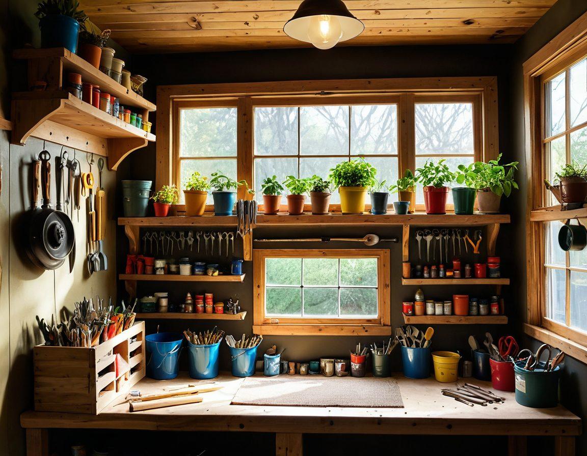 An organized tool shed interior with neatly arranged tools, wooden shelves filled with colorful paint cans, a sturdy workbench with DIY projects-in-progress, sunlight streaming in through a small window, and a potted plant on the windowsill. super-realistic. vibrant colors. warm lighting.